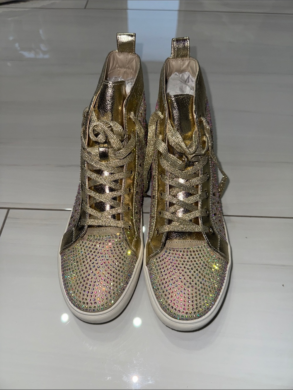 Women's Gold Metallic High-Top Sneakers with Crystal Detail